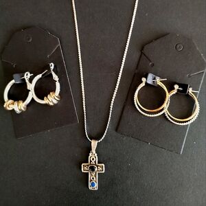 24" STERLING SILVER CROSS NECKLACE & TWO PAIRS OF GOLD & SILVER EARRINGS